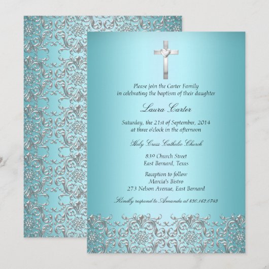 Invitation Baptême élégant Damask & Croix sarcelle (Devant / Derrière)