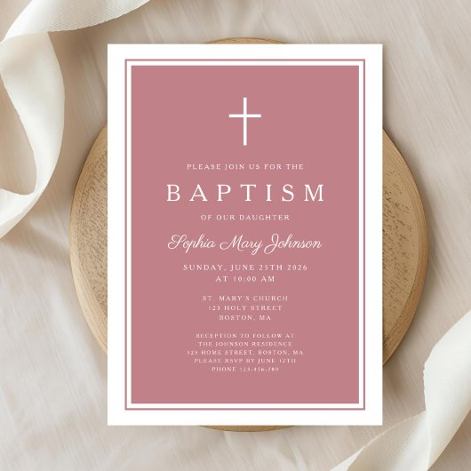 Invitation Baptême élégant de bébé fille à croix rose