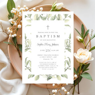 Invitation Baptême élégant de bébé fille botanique vintage