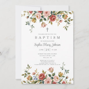 Invitation Baptême élégant de bébé fille florale religieuse