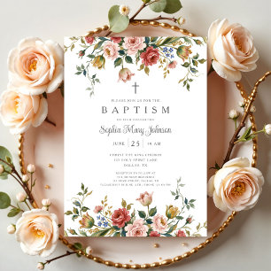 Invitation Baptême élégant de bébé fille florale religieuse