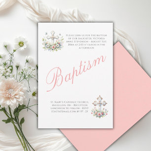 Invitation Baptême élégant de bébé fille religieuse rose