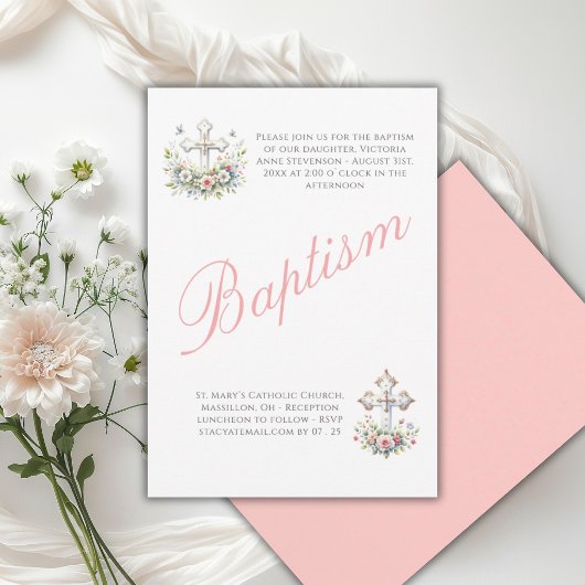 Invitation Baptême élégant de bébé fille religieuse rose