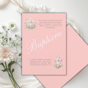 Invitation Baptême élégant de bébé fille religieuse rose