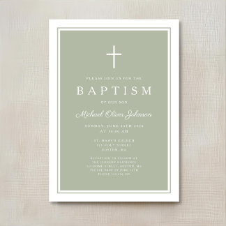 Invitation Baptême élégant de bébé garçon à la croix verte sa