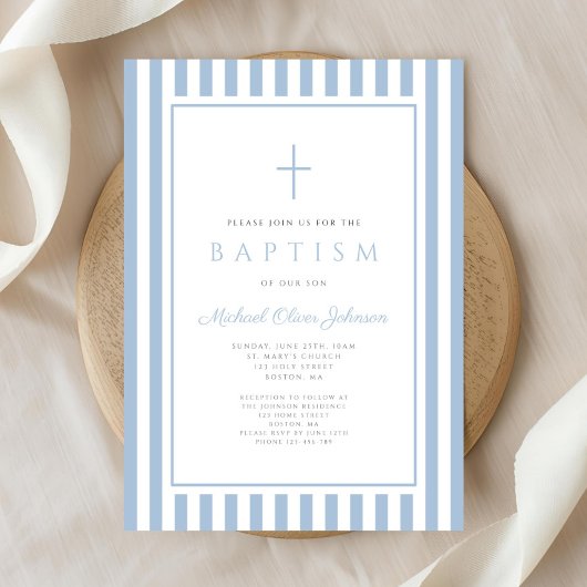 Invitation Baptême élégant de bébé garçon bleu