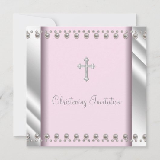 Invitation Baptême élégant de croix de perle rose (Devant)