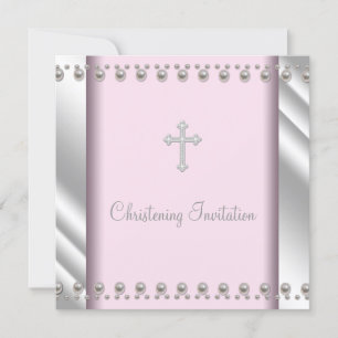 Invitation Baptême élégant de croix de perle rose