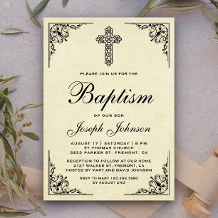 Invitation Baptême élégant de croix ornée vintage