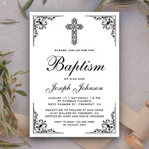 Invitation Baptême élégant de croix ornée vintage