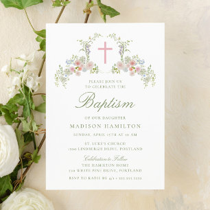Invitation Baptême élégant de fille à la croix florale rose