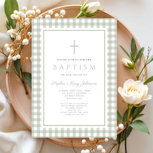 Invitation Baptême élégant de fille au vert sauge à carreaux