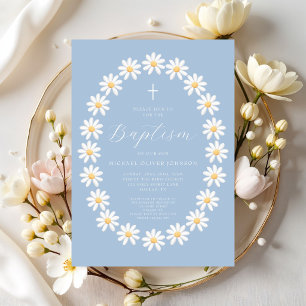 Invitation Baptême élégant de garçon aux fleurs bleu bébé