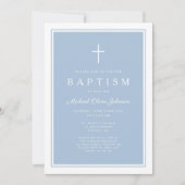 Invitation Baptême élégant de garçon bleu bébé croix (Devant)