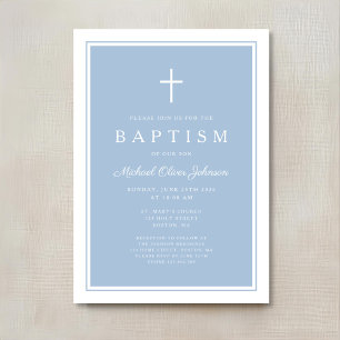 Invitation Baptême élégant de garçon bleu bébé croix
