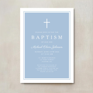 Invitation Baptême élégant de garçon bleu bébé croix