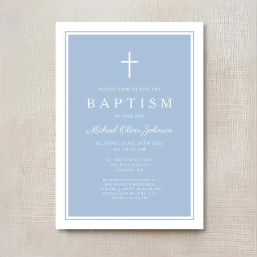 Invitation Baptême élégant de garçon bleu bébé croix