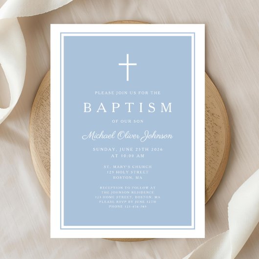 Invitation Baptême élégant de garçon bleu bébé croix