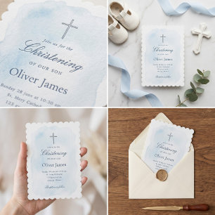 Invitation Baptême élégant de la croix à l'aquarelle bleue