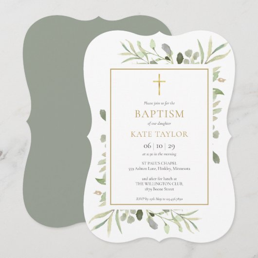 Invitation Baptême élégant de verdure (Devant / Derrière)