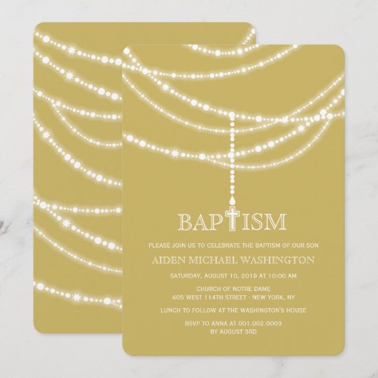 Invitation Baptême élégant d'étincelles de croix de chapelet (Devant / Derrière)