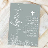 Invitation Baptême élégant écriture florale blanche Sage pous
