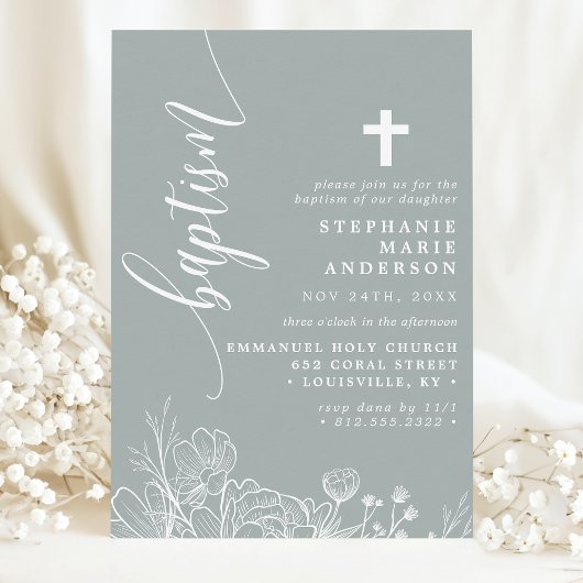 Invitation Baptême élégant écriture florale blanche Sage pous