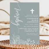 Invitation Baptême élégant écriture florale blanche Sage pous