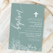 Invitation Baptême élégant écriture florale blanche sarcelle
