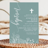 Invitation Baptême élégant écriture florale blanche sarcelle