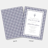 Invitation Baptême élégant en bleu marine à carreaux pour gar