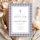 Invitation Baptême élégant en bleu marine à carreaux pour gar