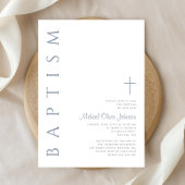 Invitation Baptême élégant en croix de script bleu poussiéreu
