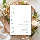 Invitation Baptême élégant en croix de script bleu poussiéreu