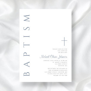 Invitation Baptême élégant en croix de script bleu poussiéreu