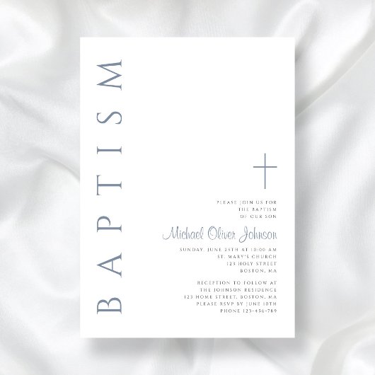 Invitation Baptême élégant en croix de script bleu poussiéreu