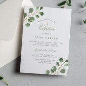 Invitation Baptême élégant eucalyptus verdure croix dorée