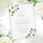 Invitation Baptême élégant eucalyptus verdure croix dorée