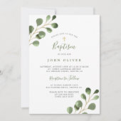 Invitation Baptême élégant eucalyptus verdure croix dorée (Devant)