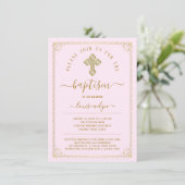 Invitation Baptême élégant fille rose or (Debout devant)