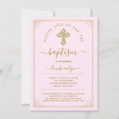 Invitation Baptême élégant fille rose or (Devant)