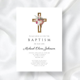 Invitation Baptême élégant floral boho croix