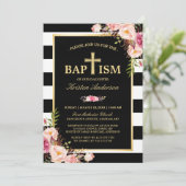 Invitation Baptême - Elégant floral or noir blanc rayures (Debout devant)