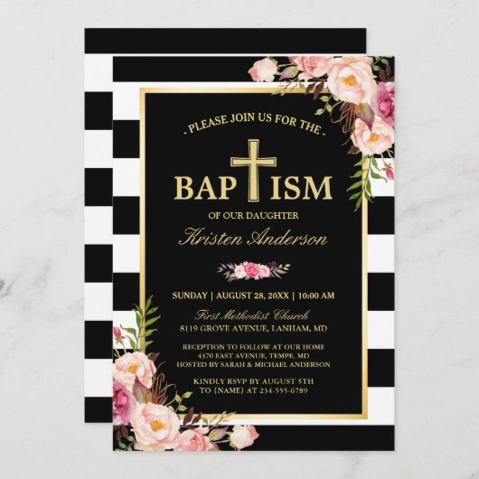 Invitation Baptême - Elégant floral or noir blanc rayures (Devant / Derrière)