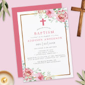 Invitation Baptême élégant floral rose et or avec croix