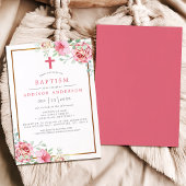 Invitation Baptême élégant floral rose et or avec croix
