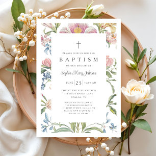 Invitation Baptême Élégant Floral Vintage Bébé Fille