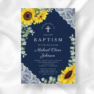 Invitation Baptême élégant garçon croix florale bleu marine