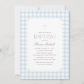 Invitation Baptême élégant garçon croix Gingham Bleu (Devant)