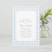 Invitation Baptême élégant garçon croix Gingham Bleu (Debout devant)